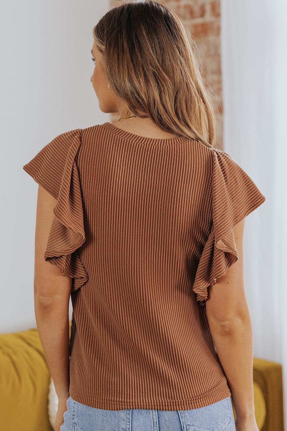 Brown Ribbed Ruffle Top