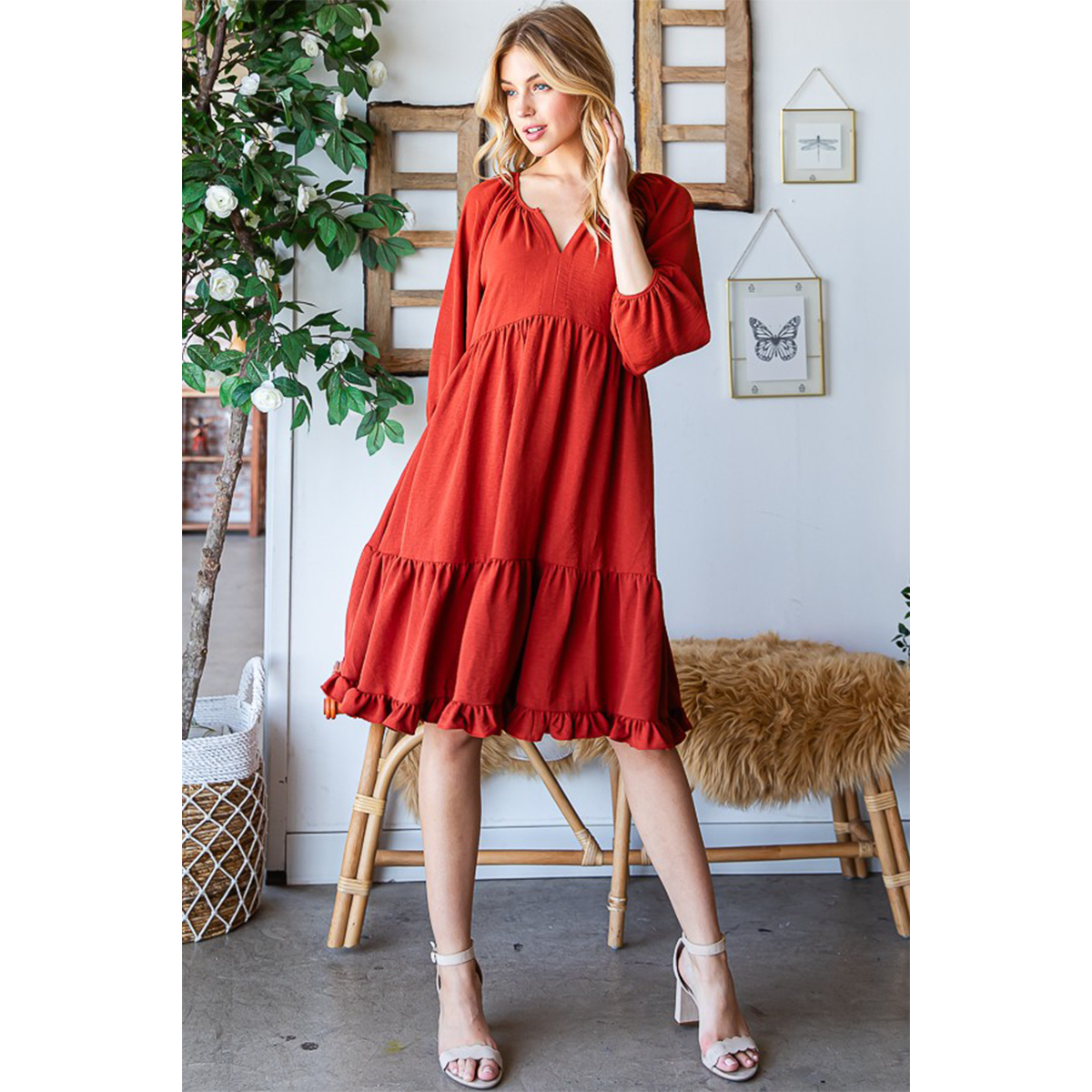 Rust Tiered V Neck Dress