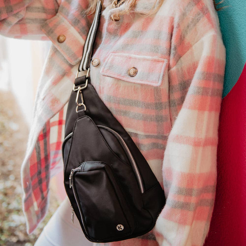 Black Solid SLING BAG with Striped Strap: Black