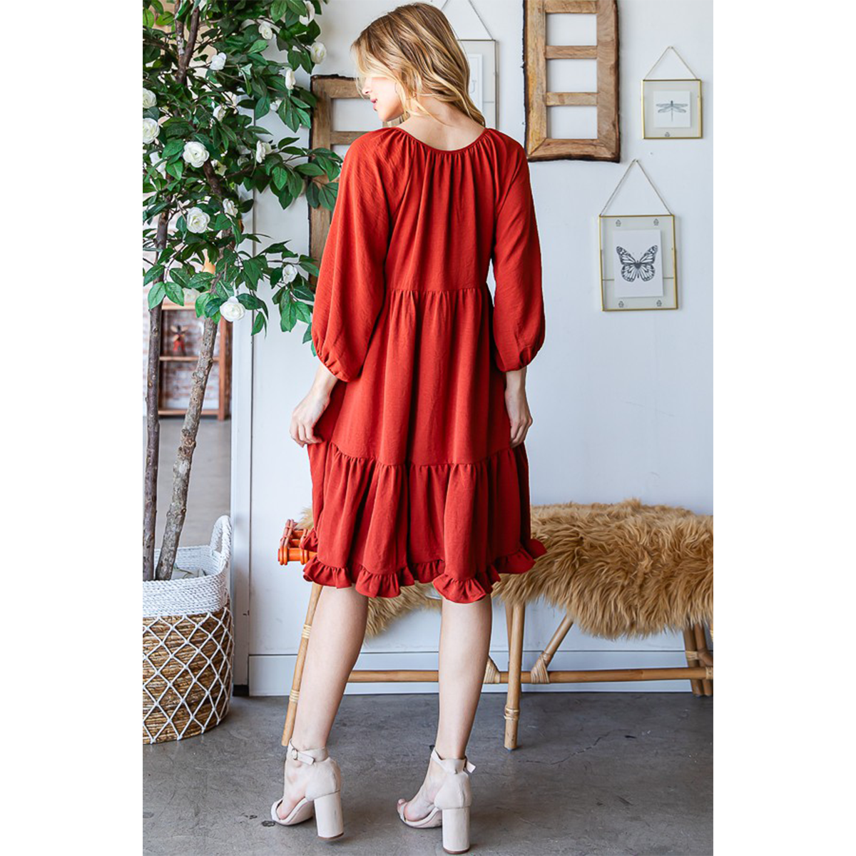 Rust Tiered V Neck Dress