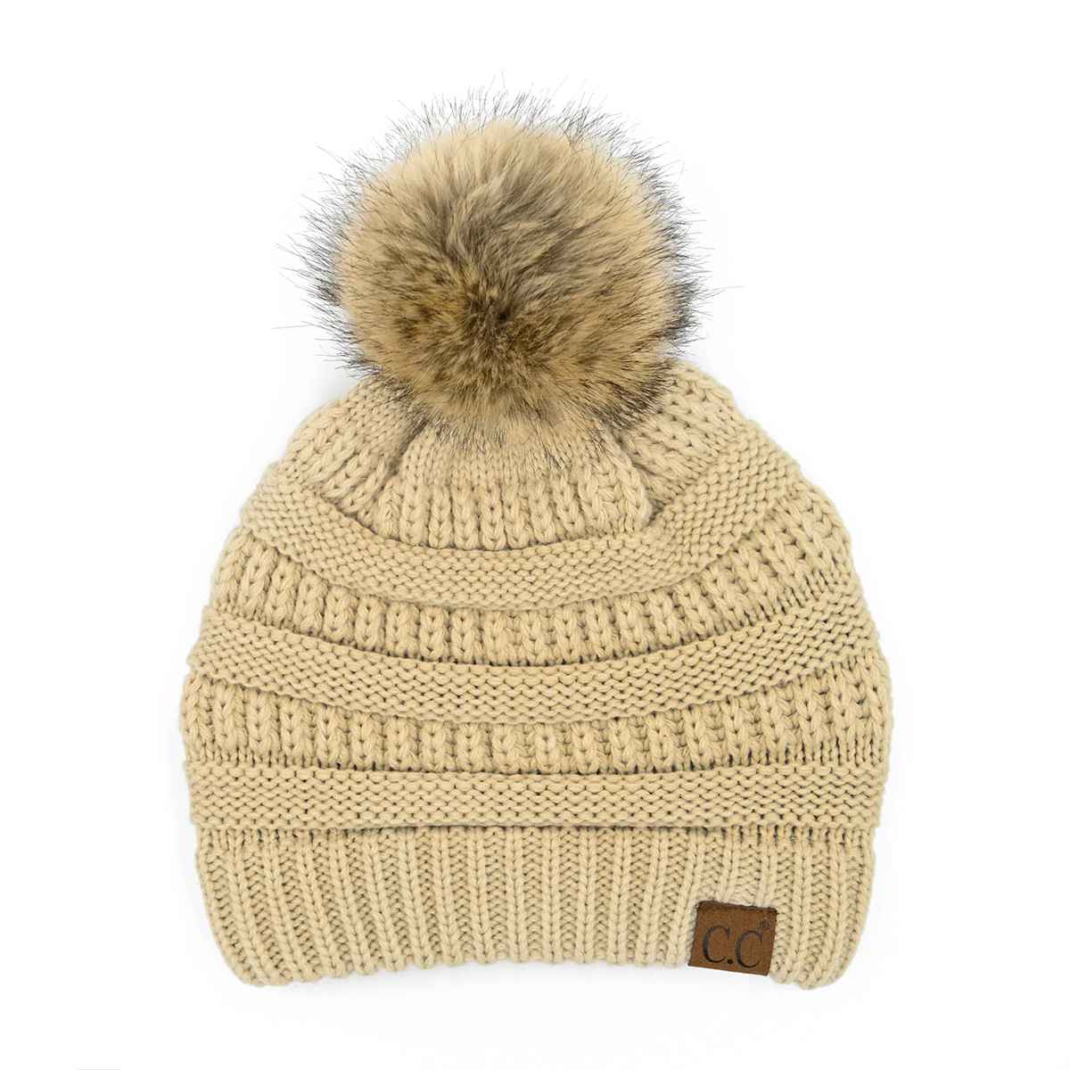 Mia Knit Fur Pom Beanie: Black