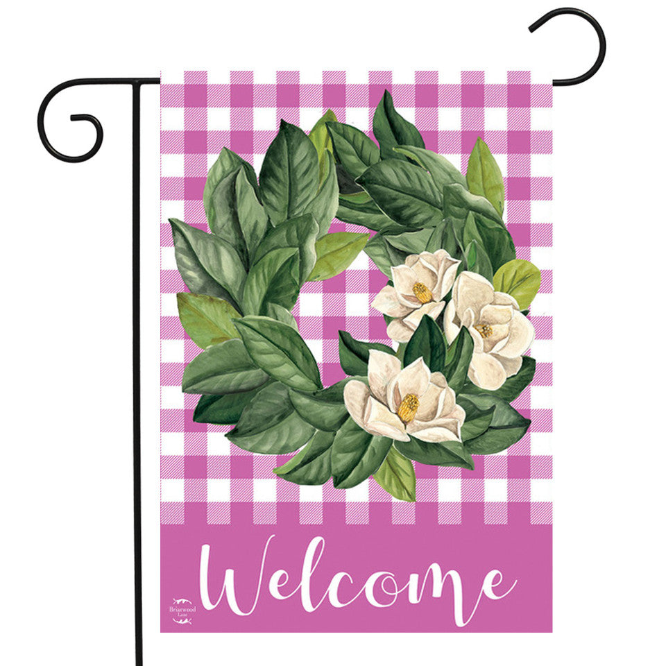 Pink Magnolia Burlap Wreath Garden Flag