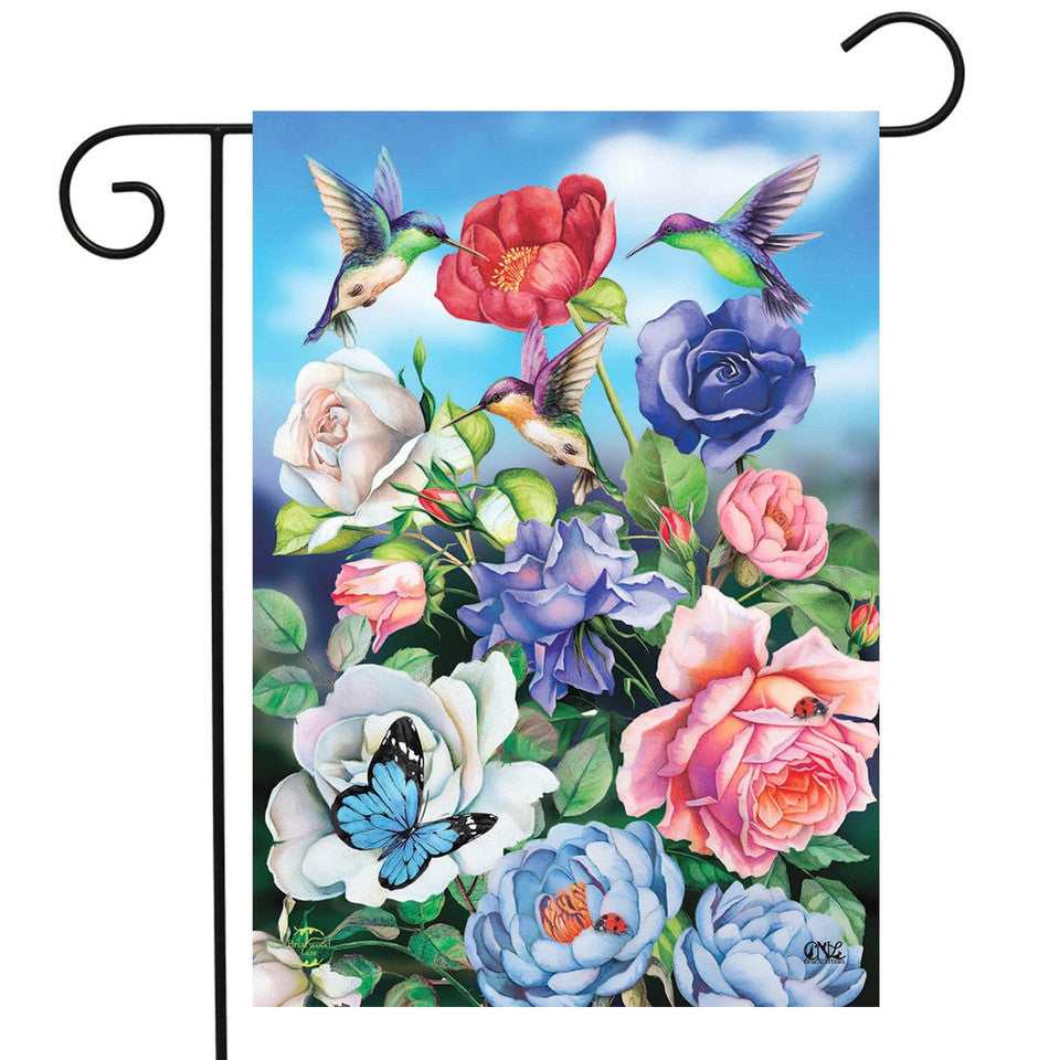 Hummingbird and Roses Garden Flag