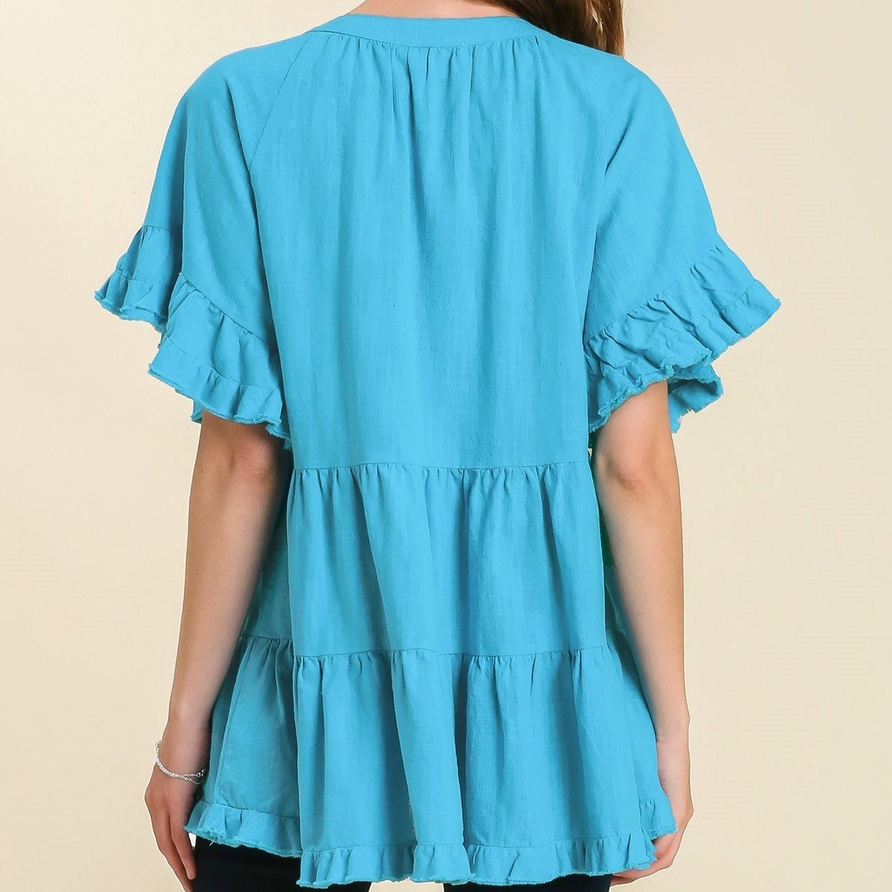 Split Neck Tiered High Low Top with Ruffle Sleeves