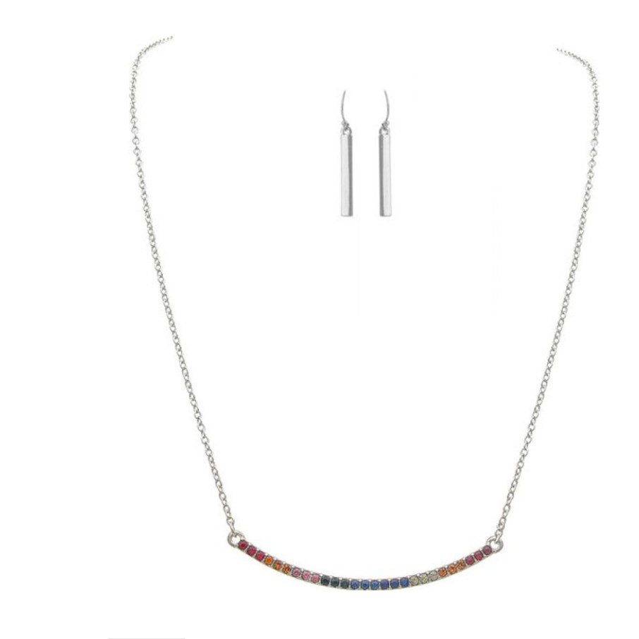Multi Silver Rainbow Crystal Bar Necklace Set