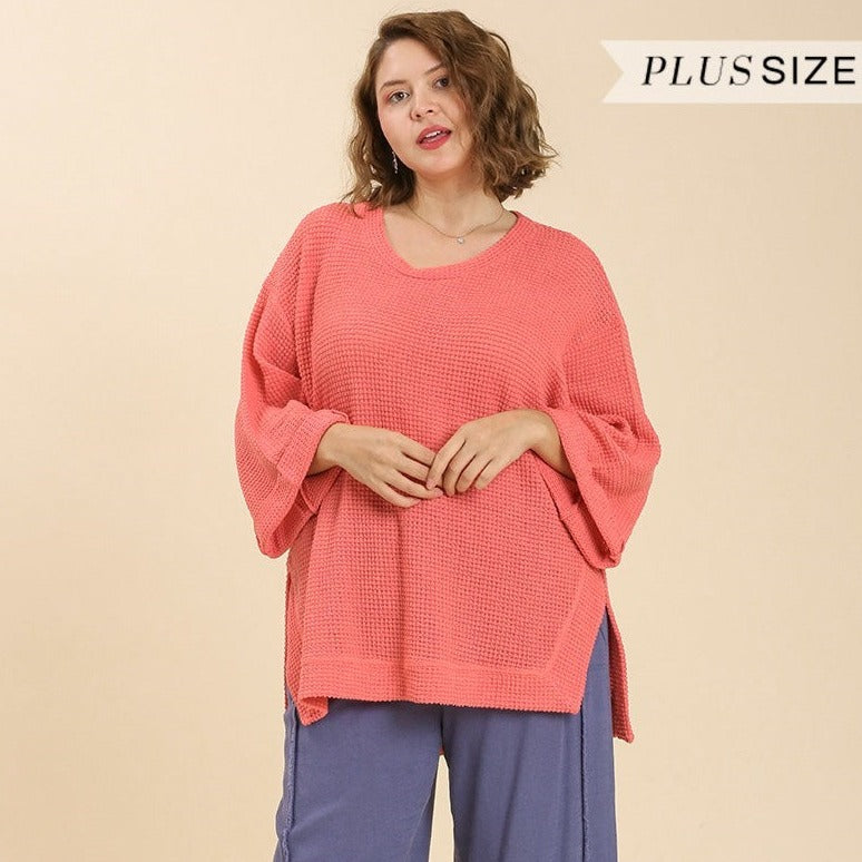 Waffle Knit 3/4 Rolled Sleeve Top with Side Slits