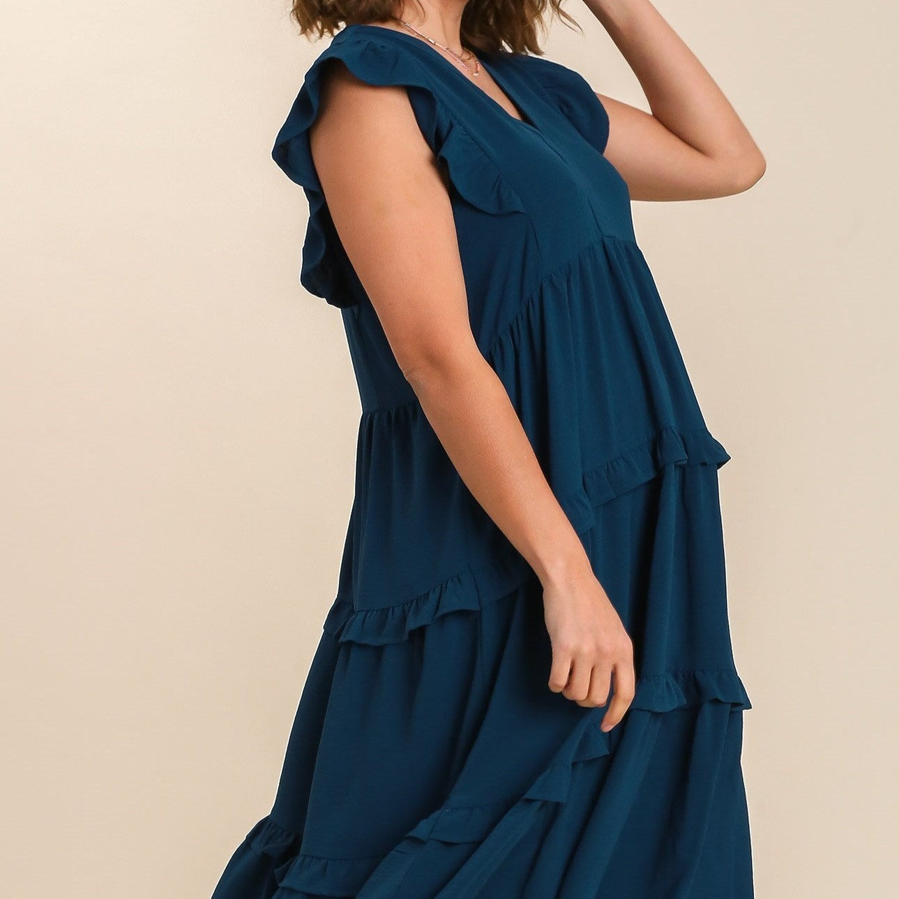 Ruffle Tiered Midi Dress with Flutter Sleeves