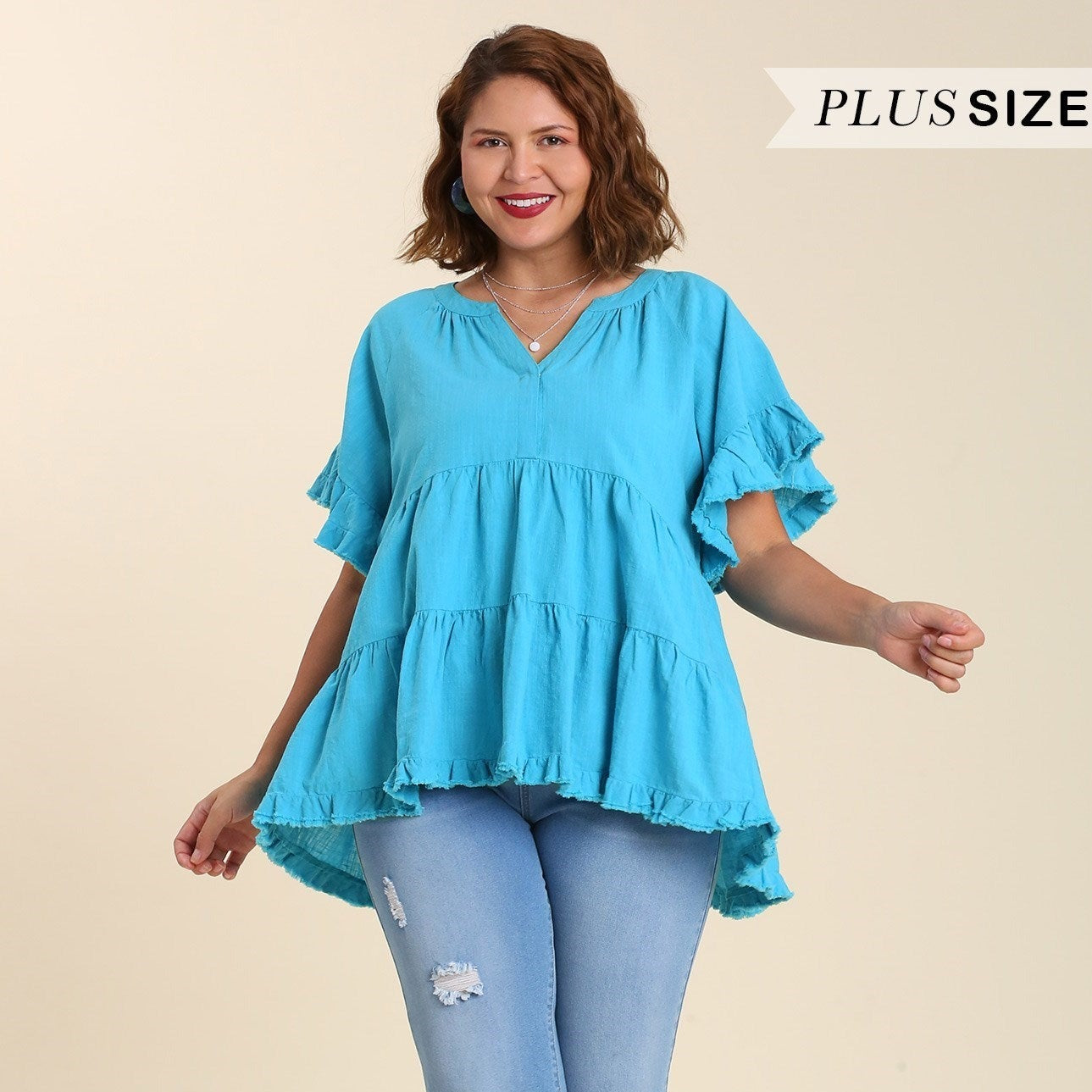 Split Neck Tiered High Low Top with Ruffle Sleeves