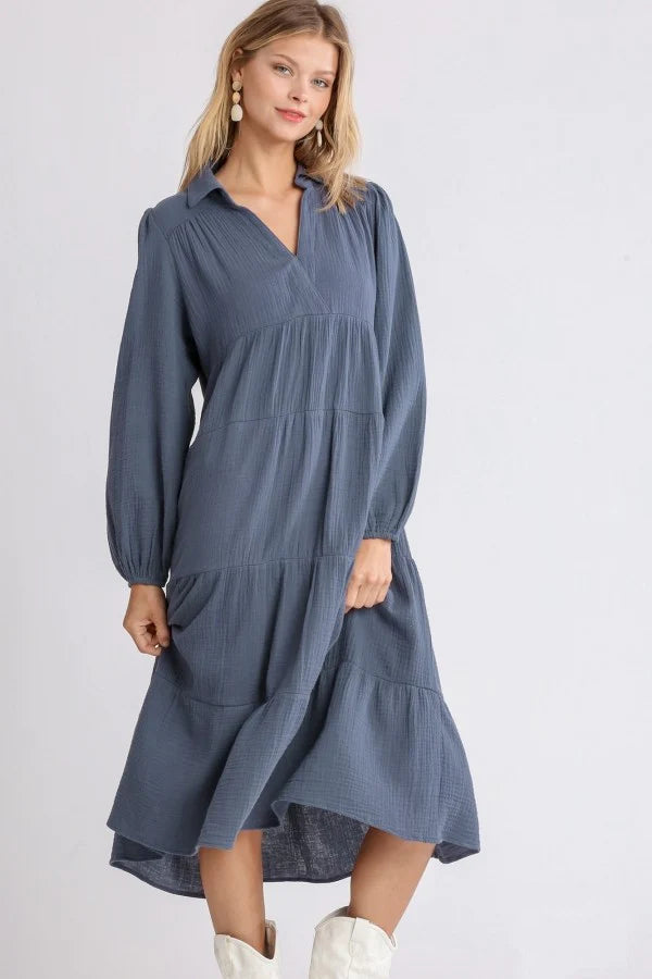 Umgee Gauze Long Sleeve Tiered Maxi Dress
