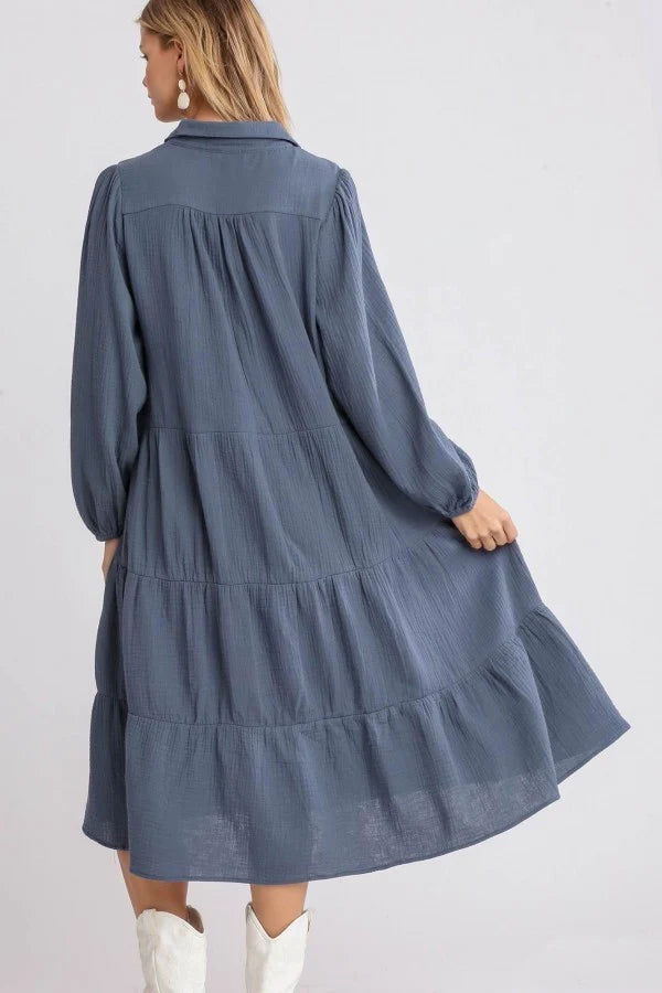 Umgee Gauze Long Sleeve Tiered Maxi Dress