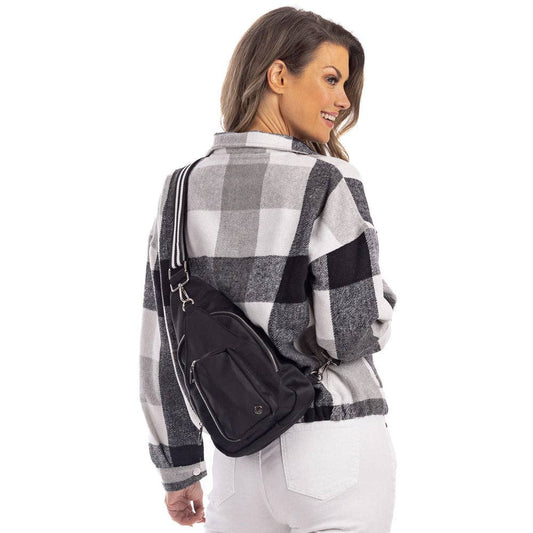 Black Solid SLING BAG with Striped Strap: Black
