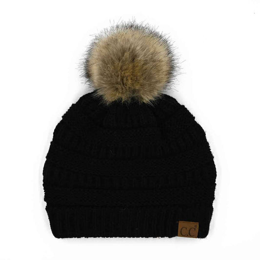 Mia Knit Fur Pom Beanie: Black