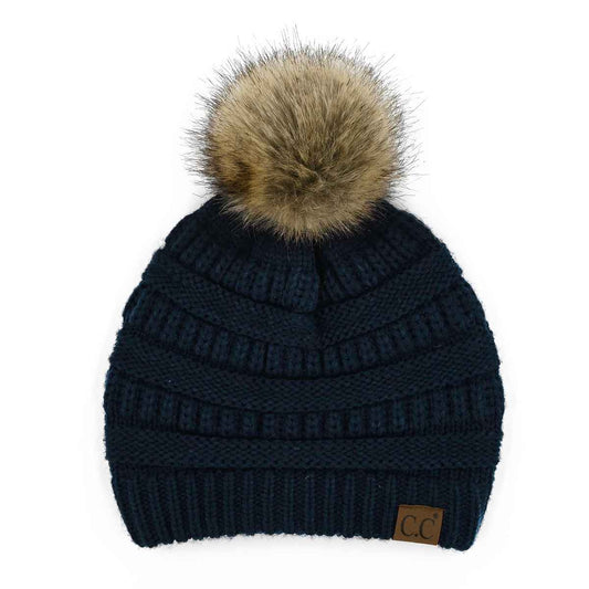 Mia Knit Fur Pom Beanie: Navy