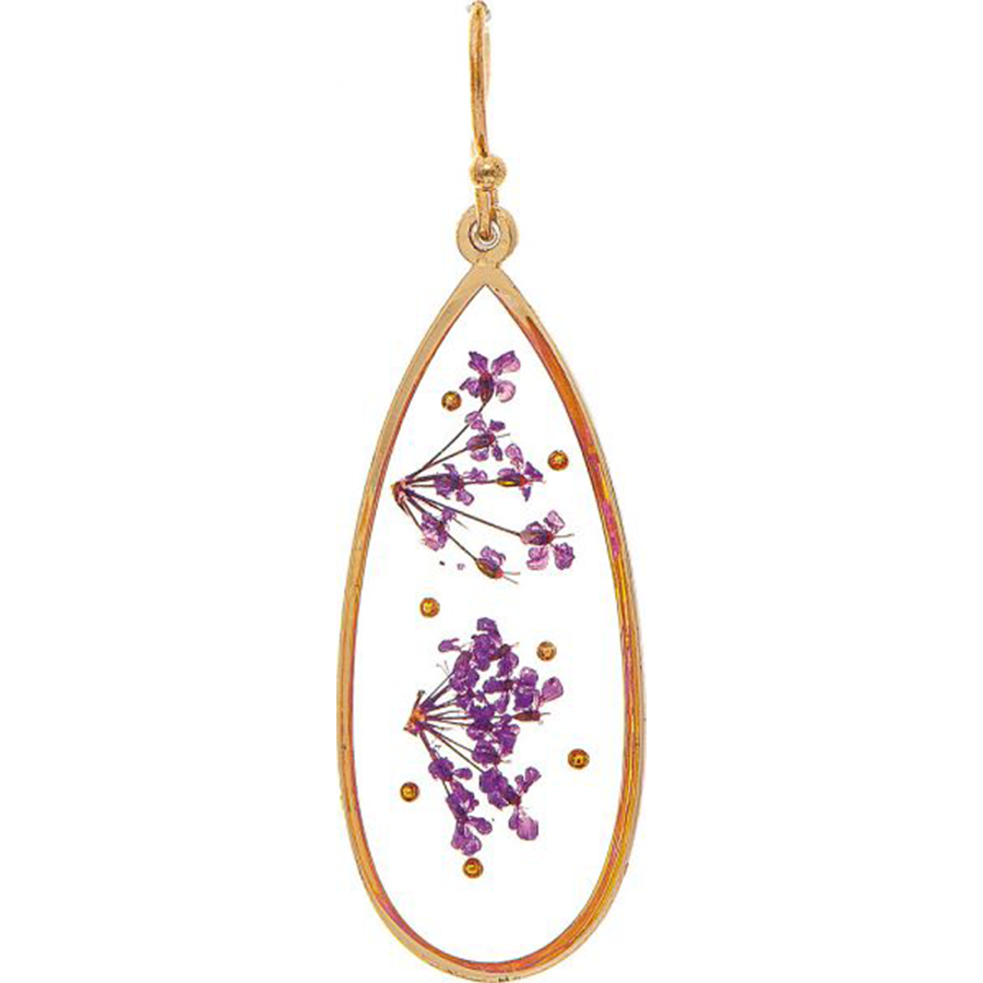 Gold Purple Pressed Flower Teardrop Earrings