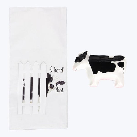 Cow Dish Towel with Ceramic Soap Dish