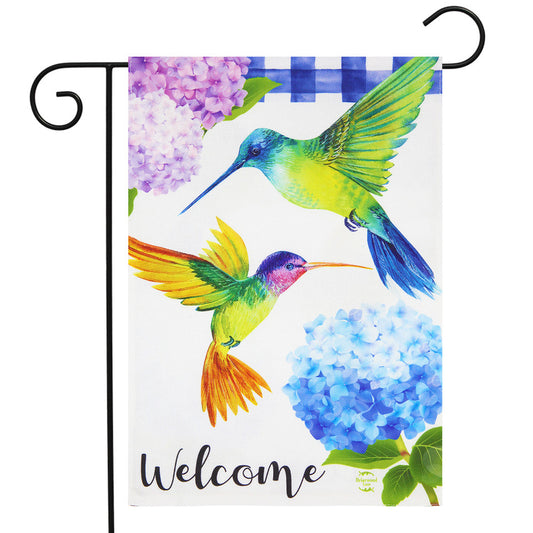 Hummingbirds and Hydrangeas Burlap Garden Flag