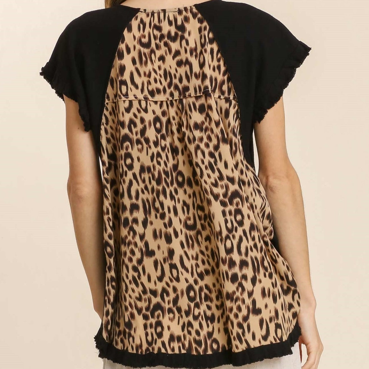 Linen Blend Short Ruffle Sleeve Top with Animal Print Scoop Back