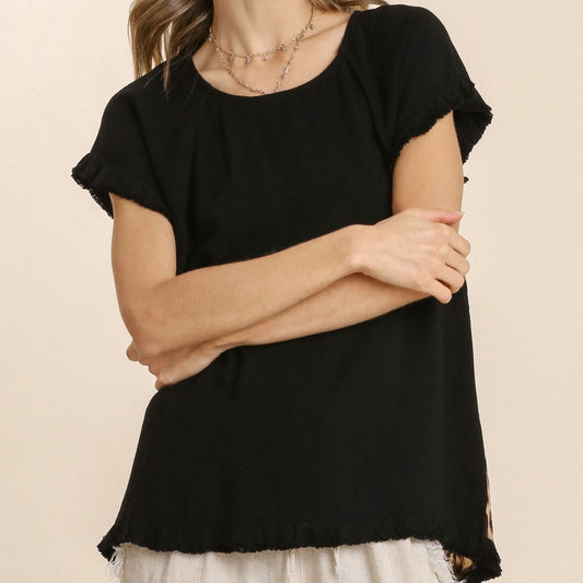 Linen Blend Short Ruffle Sleeve Top with Animal Print Scoop Back