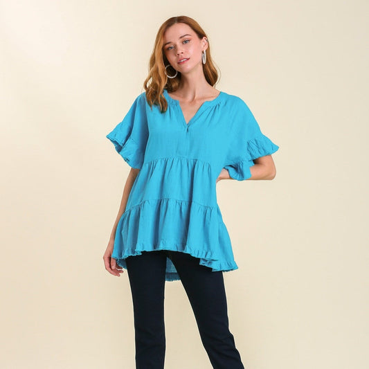 Split Neck Tiered High Low Top with Ruffle Sleeves