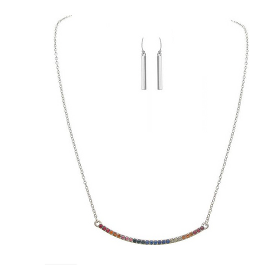 Multi Silver Rainbow Crystal Bar Necklace Set