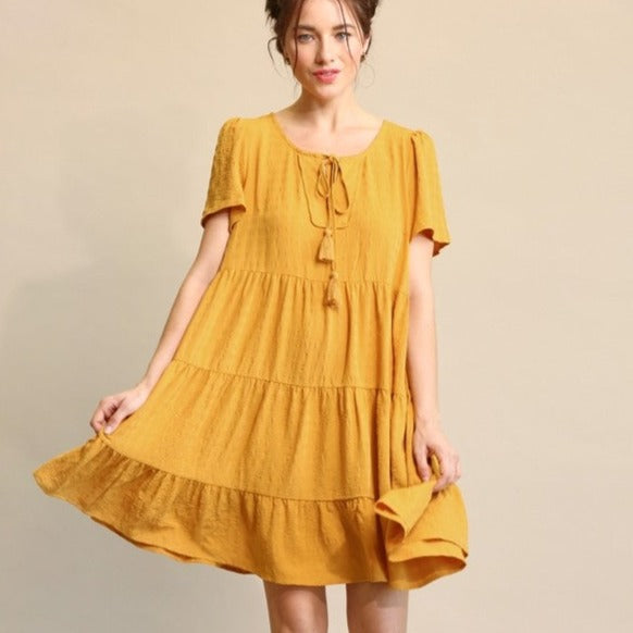 Textured Tiered Dress-Mustard